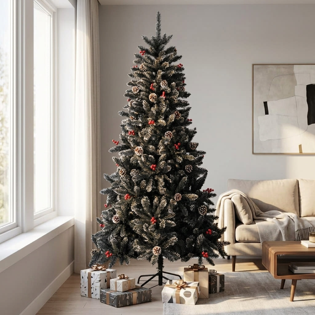 Sapin de Noël artificiel enneigé décoré – Pommes de pin & baies