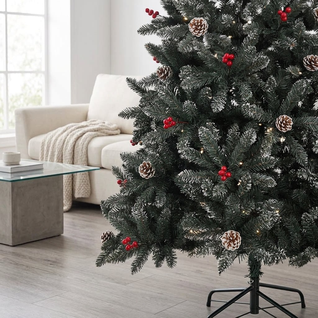 Sapin de Noël artificiel enneigé décoré – Pommes de pin & baies