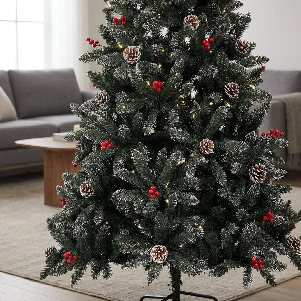 Sapin de Noël artificiel enneigé décoré – Pommes de pin & baies