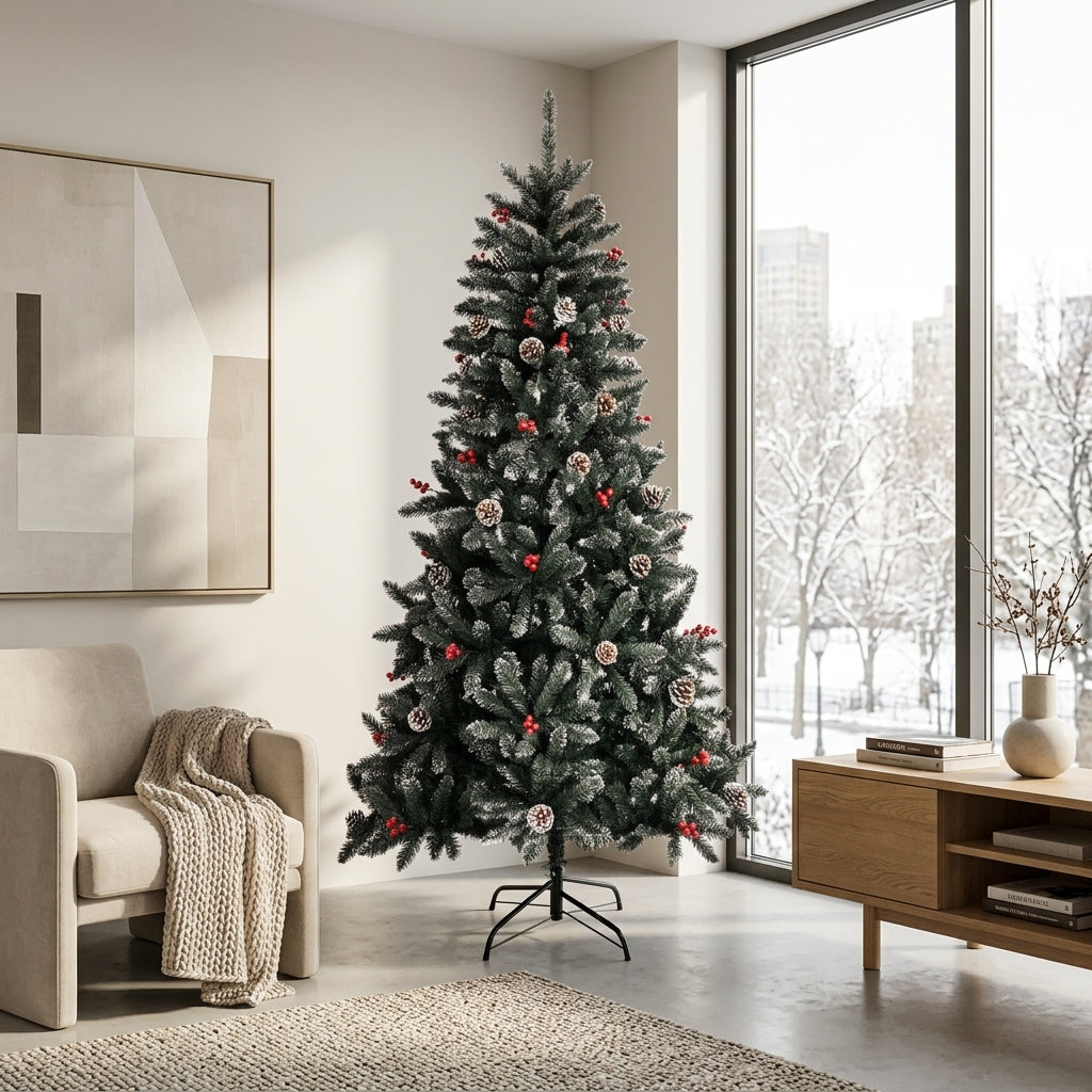 Sapin de Noël artificiel enneigé décoré – Pommes de pin & baies