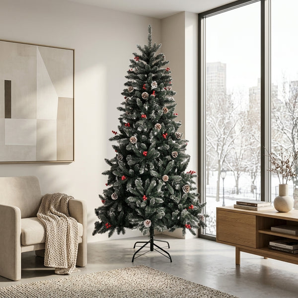 Sapin de Noël artificiel enneigé décoré – Pommes de pin & baies